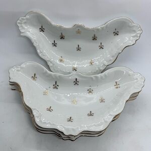 4 Antique KALK German Porcelain Bone Dishes with Gold Fleur de Lis Design & Trim